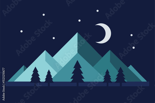Christmas winter night landscape with snow-covered trees and a star-filled sky illustration