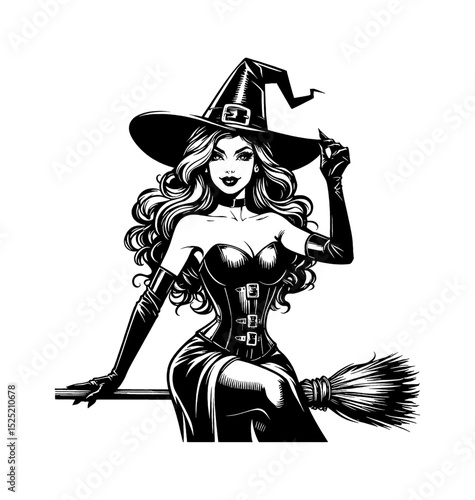 Attractive Witch with Hat Sitting on Broomstick, Seductive Look Pinup Style in Black and White