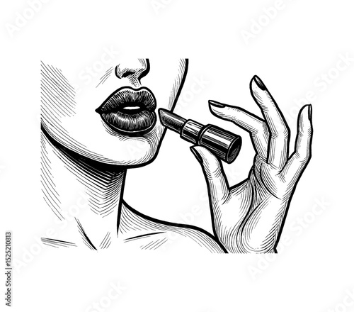 Woman Applying Lipstick with Hand Drawn Detailed Black and White Illustration