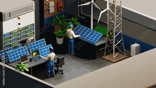Isometric view of two engineers working on solar panels with a wind turbine in the background indoors