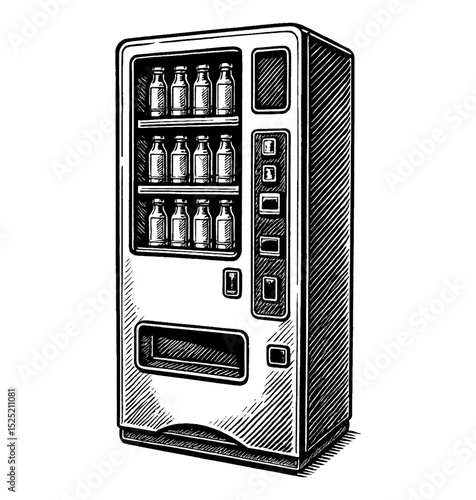 Detailed Engraving of Vending Machine with Bottles Inside, Black and White Line Art