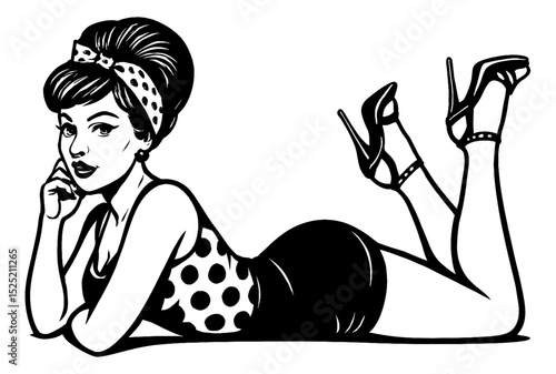 Pinup woman lying down wearing polka dot swimsuit and heels in black and white