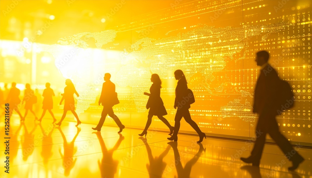 Fototapeta premium business, abstract background, blur computer code, silhouette of walking people in a hall, yellow hues