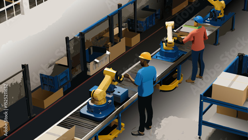 A factory assembly line with robotic arms and workers packaging boxes on a conveyor belt system