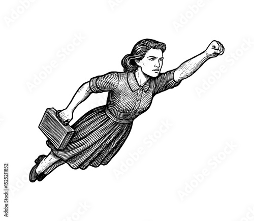 Engraved illustration of a woman flying with a briefcase and fist raised, determined expression, monochrome