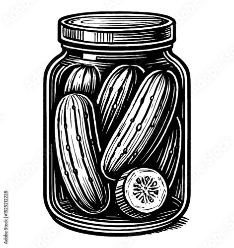 Pickled Cucumbers in Jar Black and White Line Art Engraving Style