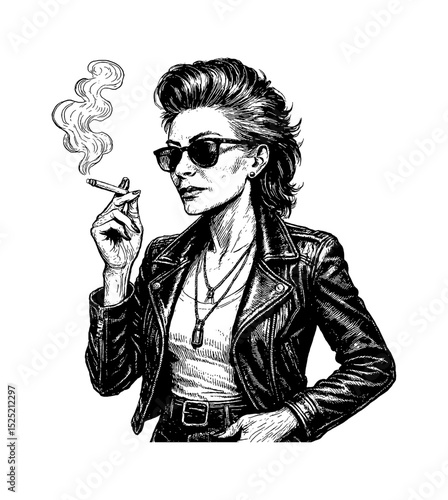 Cool Woman with Sunglasses Smoking Cigarette in Leather Jacket Black and White Detailed Drawing