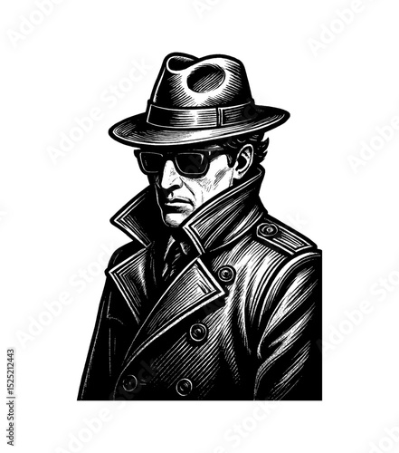 Detective wearing hat and sunglasses with serious expression in detailed black and white outline line art drawing