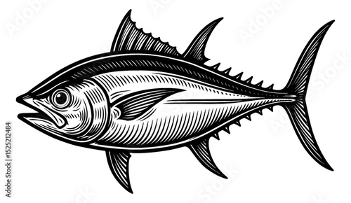 Detailed Black and White Engraving of a Tuna Fish with Fin Markings and Sharp Outlines