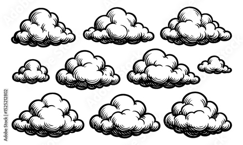 Set of Vintage Clouds. Black and White Illustration of Cartoon Clouds. Vector Illustration.