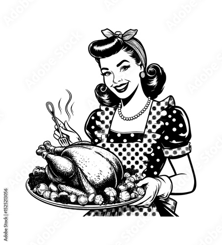 Smiling Caucasian Woman Holds Turkey Platter in Vintage Black and White Pinup Style