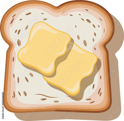 Delicious cartoon illustration of a slice of bread with two fresh butter pats on top