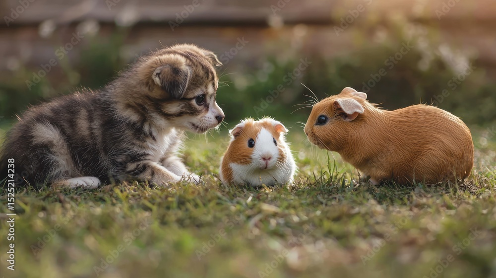 Obraz premium Puppy, kitten, and guinea pig interacting with each other
