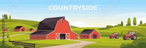 Vector illustration of countryside with barns tractors and rolling green hills – ideal for agriculture themes rural lifestyle and farming content