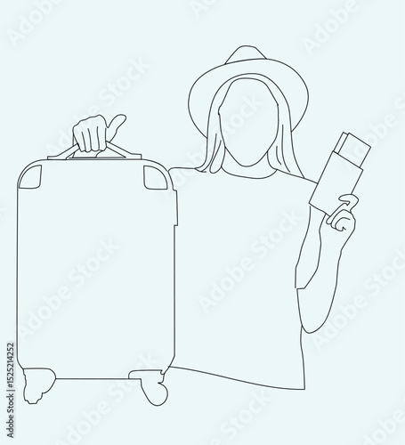 woman holding passport and suitcase. traveler leans on her suitcase, holding passport and boarding pass,