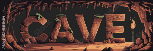 Rock-textured cave word illustration with torchlight and stalactites – Suitable for outdoor exploration, natural history, or themed signage