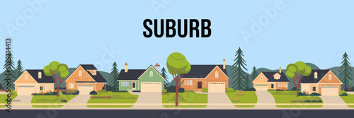 Simple vector illustration of neighborhood with houses driveways trees and light blue sky – suitable for residential real estate, local community, and urban planning content