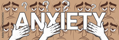Vector illustration of anxiety with scribbles hands and question marks – Suitable for mental health awareness stress relief or emotional well-being content