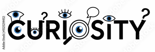 Vector curiosity text with eyes, question bubbles, and magnifiers – Great for education, inquiry, and learning concepts