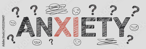 Minimal vector illustration of anxiety with scribbles worried expressions and question marks – Ideal for psychological education mental health blogs or stress awareness