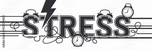 Vector text "Stress" with lightning bolts, alarm clocks, and tangled lines on white background – Ideal for anxiety awareness, time management, or mental health themes