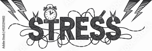 Vector illustration of "Stress" with striking lightning bolts, alarm clock with waving hand, and tangled lines – Perfect for stress relief, work pressure, or health education