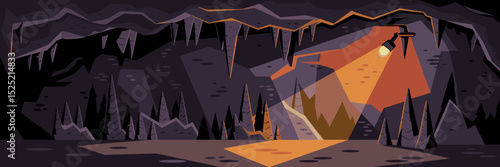 Rugged cave interior with stalactites, stalagmites, and warm torchlight – Great for adventure themes, geology, or spelunking content