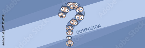 Large looping question mark with expressive faces and confusion text on blue gradient – Great for curiosity, uncertainty, or emotional expression