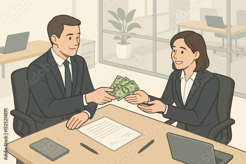 Businessman and businesswoman exchanging money with formal expression in office with minimalistic design