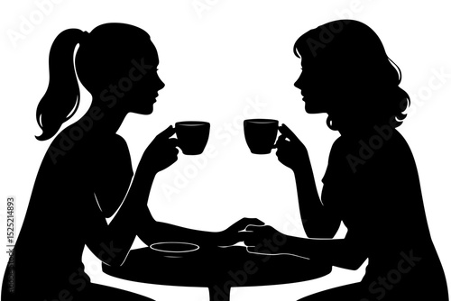Silhouette of two women enjoying coffee and chatting at a table with copy space for text
