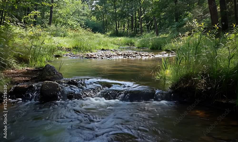 Serene Stream Flowing Through Woodland with Sunlight Dappling the Surface a Peaceful Nature Scene Serene Stream Flowing Through Woodland with Sunlight Dappling the Surface a Peaceful Nature Scene