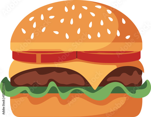 Delicious vector illustration of a classic cheeseburger featuring sesame seed bun and fresh ingredients