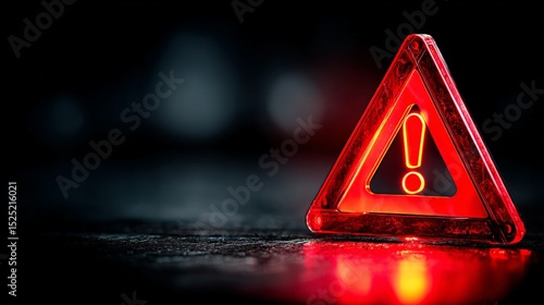 Bright red warning triangle with exclamation mark illuminated on a dark background