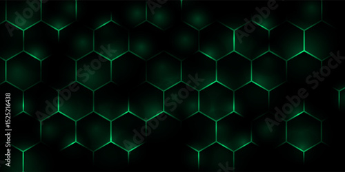 Hexagonal cyberspace green background. Hexagon grid tech pattern.