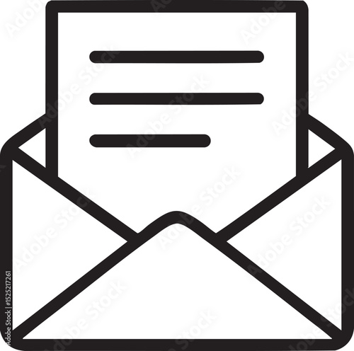 Open Envelope Icon with Letter Containing Three Lines of Text Outlined in Black simple black