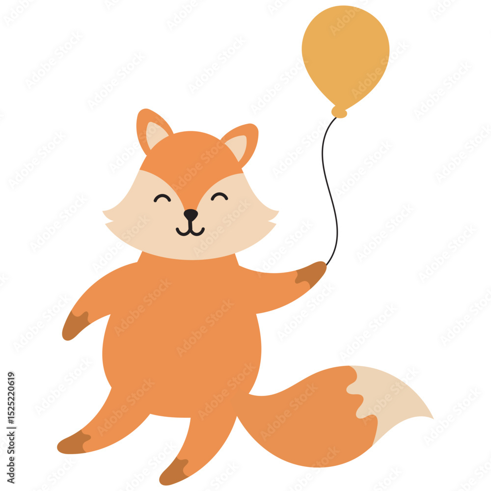 Obraz premium Cute Cartoon Fox Holding Balloon in Flat Vector Style