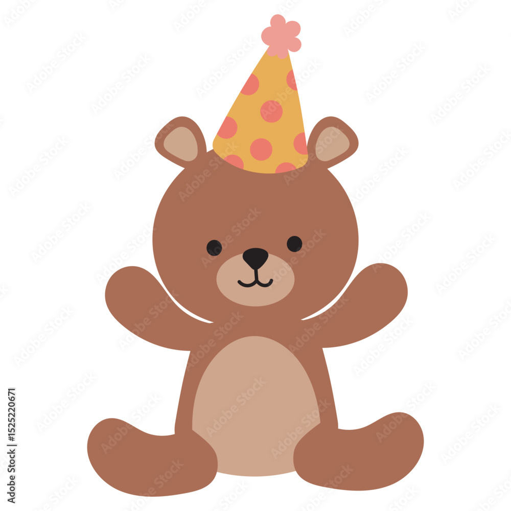 Fototapeta premium Cute Birthday Bear with Party Hat in Flat Cartoon Style