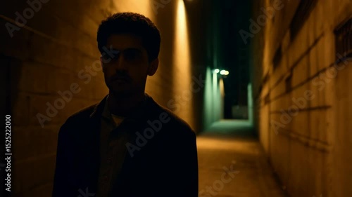 A South Asian man stands alone in a dimly lit alley, wearing a dark jacket, shadows dancing on the brick walls around him
