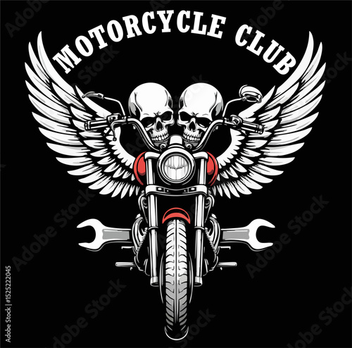 Biker vector t-shirt design with human skull,
motorcycle, wings, wrench isolated
on black background.
Fashionable print for fabric, paper, men clothing,
hoodie, biker jacket. T shirt template.