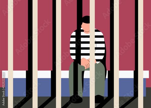 A prisoner in a striped uniform sits behind bars in a confined and lonely jail cell