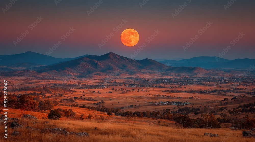 Fototapeta premium Moon illusion effect with enormous lunar disk appearing above distant horizon line, atmospheric perspective enhancing size