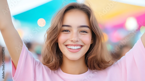 Free Download A joyful young woman smiling with arms raised under colorful tents, capturing a moment of happiness and celebration. - GFXLoad