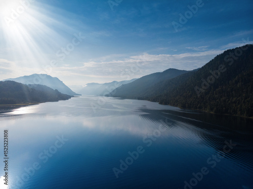 Aerial summer landscape of Lake Teletskoye in Altai Mountains