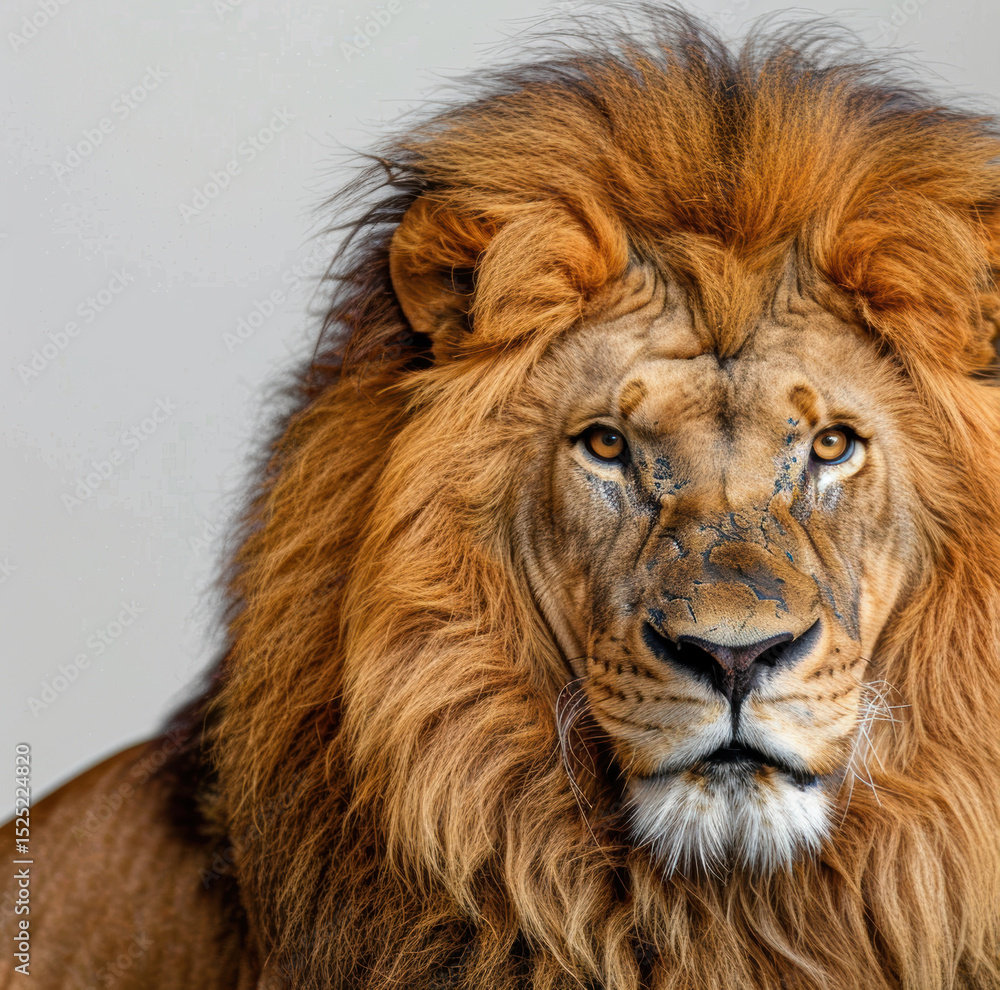 Fototapeta premium A lion with a piercing gaze and flowing mane, highlighted by dramatic chiaroscuro lighting against a white background.
