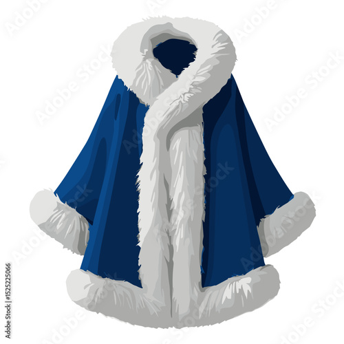 Isolated object on transparent background. Women's blue cape with fur trim in Renaissance clothing concept  