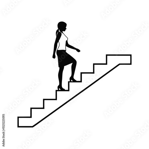 Three dimensional business people running up stairs with an arrow showing success and growth on a financial market chart Climbing stairs career progress silhouette line art icon vector illustration 
