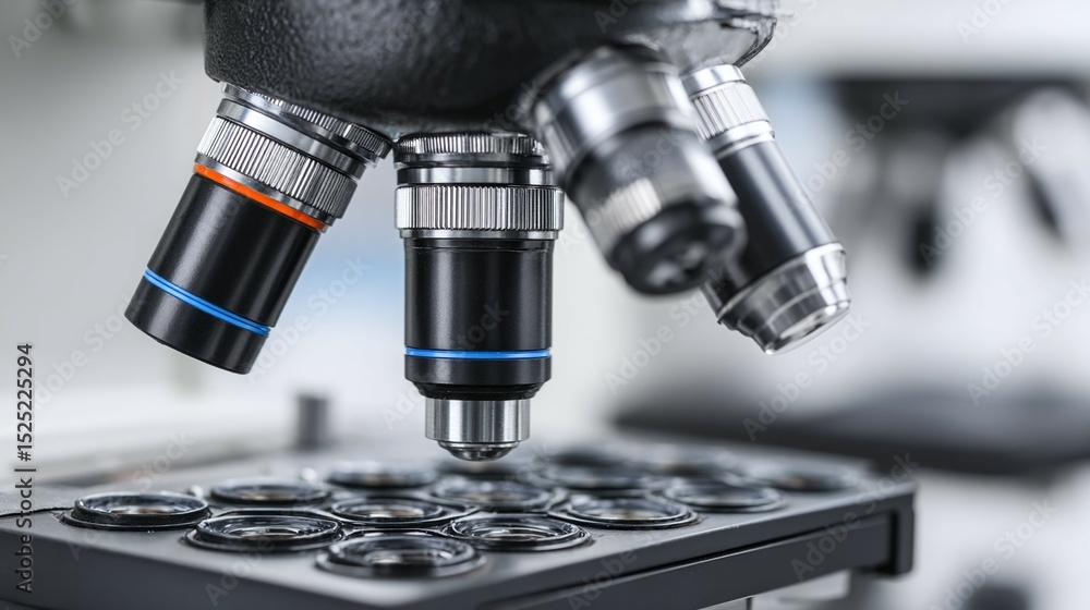 Fototapeta premium Microscope with multiple lenses and sample holder in a laboratory setting.
