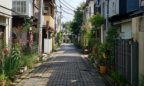 Scenic Cobblestone Street in Residential District with Lush Greenery and Traditional Japanese Architecture Under Sunny