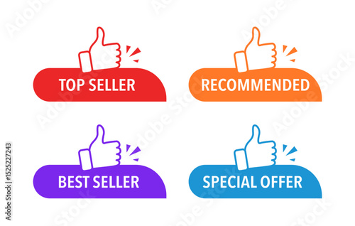 Red vector banner top seller with thumbs up and stars. Modern web banner element. Top seller sale label. Bestseller sticker. Recommendation best seller sign. Good advice.