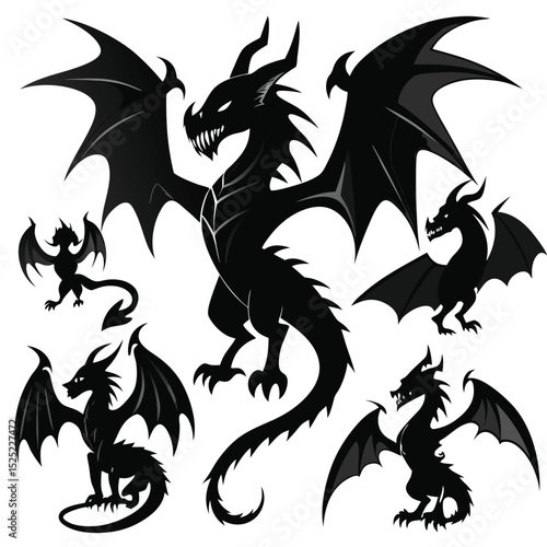Black and white tribal dragon vector set with medieval fantasy animal silhouettes for tattoo or logo design
